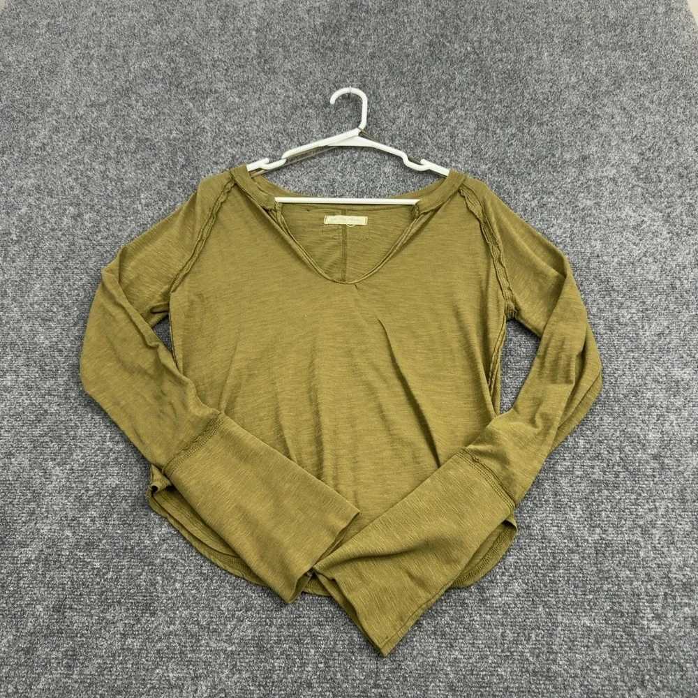 Free People Top Women M Olive Green Cotton Blend V Neck Exposed Seams Boho